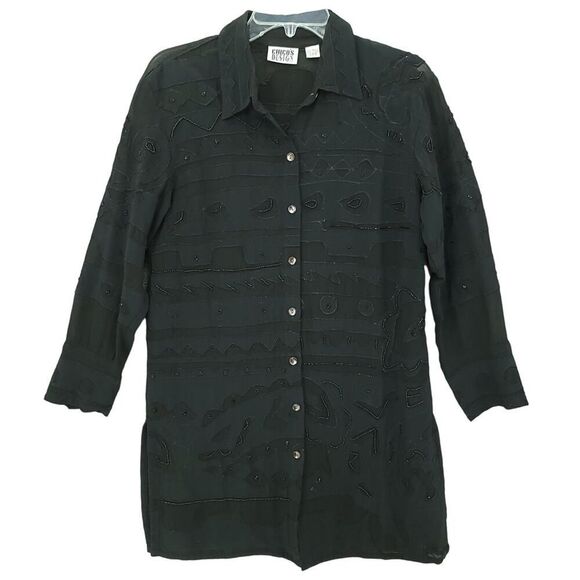 Vintage Black Beaded Rayon Shirt Dress Chico's Size S/M - Picture 1 of 13
